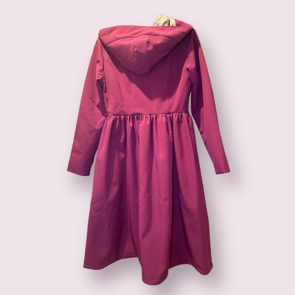 Women’s Fuchsia Pink Hooded Waterproof Button Up Peplum Rain Coat Dress - Picture 8 of 14
